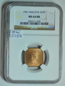 mw5154 Malaya; Bronze Cent 1961  NGC MS64 RB KM#5 - Picture 1 of 3