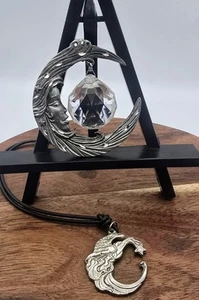 Pewter Cresent Moon Face with Crystal & Necklace - Picture 1 of 9