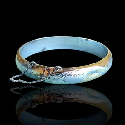 Vtg Dented Sterling Silver 925 Heart Etched Two Tone Bangle Bracelet 7" - Image 1 of 4