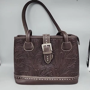 Trinity Ranch Zapata Hand-Tooled Baguette Satchel Brown Leather Western Purse - Picture 1 of 12