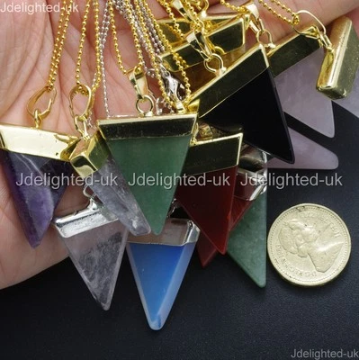 Natural Gemstones Triangle Pointed Sliced Reiki Chakra 18K Silver Gold Necklace - Image 1 of 4