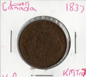 Moneda Baja Canadá 1/2 Penny 1837 KMTn7, Banco Quebec - Imagen 1 de 4
