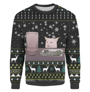 Funny Cat Meme Christmas Ugly Sweater, Angry Cat Meme Ugly Sweater - Picture 1 of 2