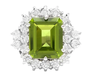 6.30 Carats Natural Emerald Cut Peridot and Diamonds Ring 14k White Gold Ring - Picture 1 of 6
