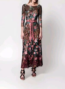 Neu mit Etikett Marchesa Notte Damen schwarz Blumen bestickt Tüll Midikleid G... - Bild 1 von 23