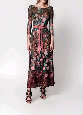 Neu mit Etikett Marchesa Notte Damen schwarz Blumen bestickt Tüll Midikleid G... - Bild 1 von 4