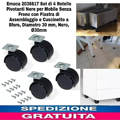 Set di 4 Rotelle Pivotanti Nere x Mobile Senza Freno con Piastra Di Assemblaggio - Immagine 1 di 4