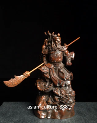 Estátua chinesa antiga de madeira de buxo esculpida à mão Guan Gong Yu Guerreiro Deus Dragão 6,3" - Imagem 1 de 4