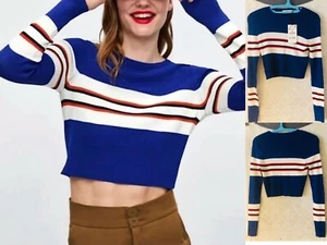 Neu mit Etikett Zara BLAU dehnbarer GESCHNITTENER GESTREIFTER PULLOVER 1509/102 - Bild 1 von 7