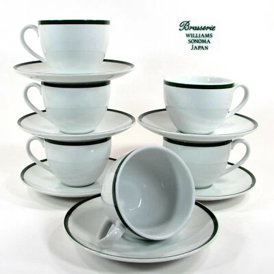 Williams-Sonoma BRASSERIE GREEN 9oz Cup & Saucer Set 12Pc Japan White Porcelain - Image 1 of 4