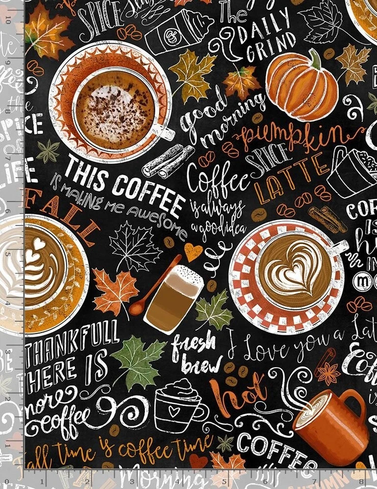 Food Fabric - Pumpkin Spice & Coffee Word Motif Black - Timeless Treasures YARD - Image 1 of 1