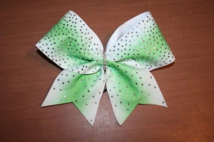 Rinestone Glitter Lime White Stiff Cheer Bow - Picture 1 of 2