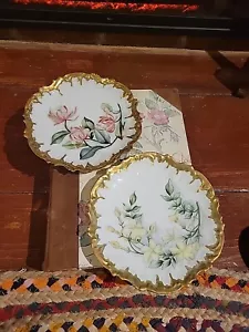 Set 2 piatti firmati dipinti a mano Limoges France 8" Spider Lily Dogwood - Foto 1 di 9