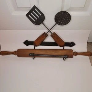 Primitive Antique Metal Hanger & Wood Rolling Pin towels kitchen home decor - Picture 1 of 11