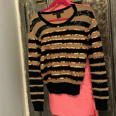 Marc Jacobs Jersey Lentejuelas Rayas Negro Dorado XS Mezcla Seda Nuevo Sin Etiquetas Foto 1 de 4
