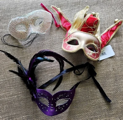 3 Masquerade Eye Mask 1 Red & Gold Jester, Purple W/ Black Feathers, Silver &... - Image 1 of 4