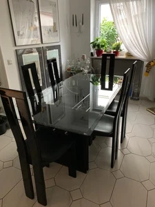 Esstisch Glastisch 90x180 cm, mit 6 Stühlen (schwarz), Ledersitzfläche - Bild 1 von 2