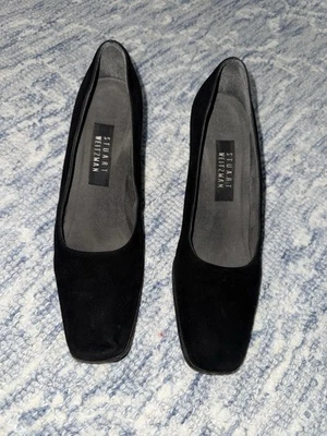 "Bombas Stuart Weitzman De Colección 8 AA Negro Gamuza Bloque Tacones Puntera Cuadrada 2.5"" Trabajo Años 90" Foto 1 de 4