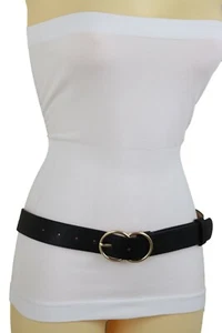 Women Black Waistband Classic Look Fashion Belt Hip Waist Gold Metal Buckle S M - Picture 1 of 12