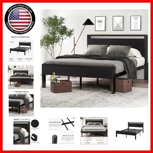 Heavy Duty Metal Platform Bed with Wooden Headboard and Squeak-Resistant Design - Picture 1 of 10