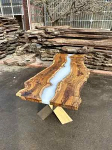 Stunning White Epoxy Resin Dining Table Top, Live Edge Wooden Table Top, Decor - Picture 1 of 10