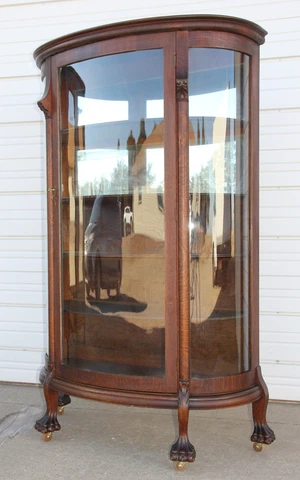 Antique Tiger Oak 2Pillar 3Curved Glass Curio China Cabinet 4Clawfeet 2MirrorBk Cover