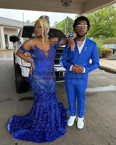 Königlich blau Meerjungfrau Abschlussballkleid für schwarzes Mädchen Luxus Kristall Geburtstag Partykleid - Bild 1 von 3