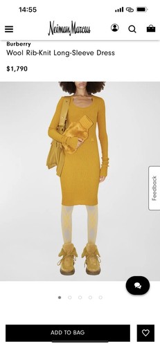 Abito a maniche lunghe a costine in lana gialla Burberry taglia XS nuovo con etichette attuale $1790