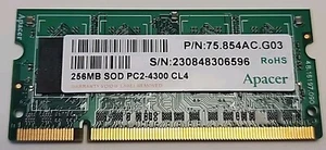 APACER (ELPIDA) Memory 256MB SOD PC2-4300 CL4 P/N: 75.854AC.G03 B62SRCA E186014 - Picture 1 of 3