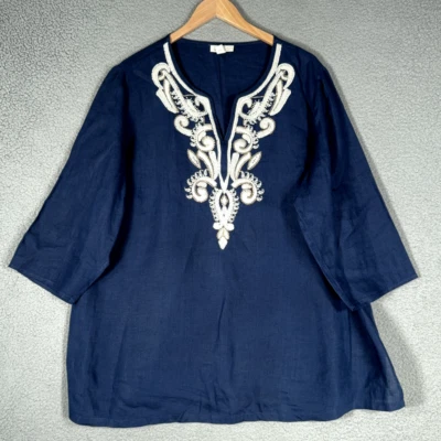 Top de lino Charter Club para mujer 2X azul de lujo 100 % lino adornado lagenlook Foto 1 de 4