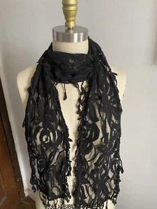 Black Lace Scarf Sheer Fringe 70% Cotton 30% Nylon Look By M 8” W X 69” - Picture 1 of 5