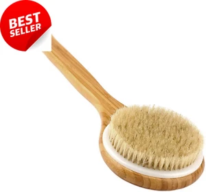 Dry Body Brush Back Scrubber Bamboo Long Handle Natural Bristles - Picture 1 of 12