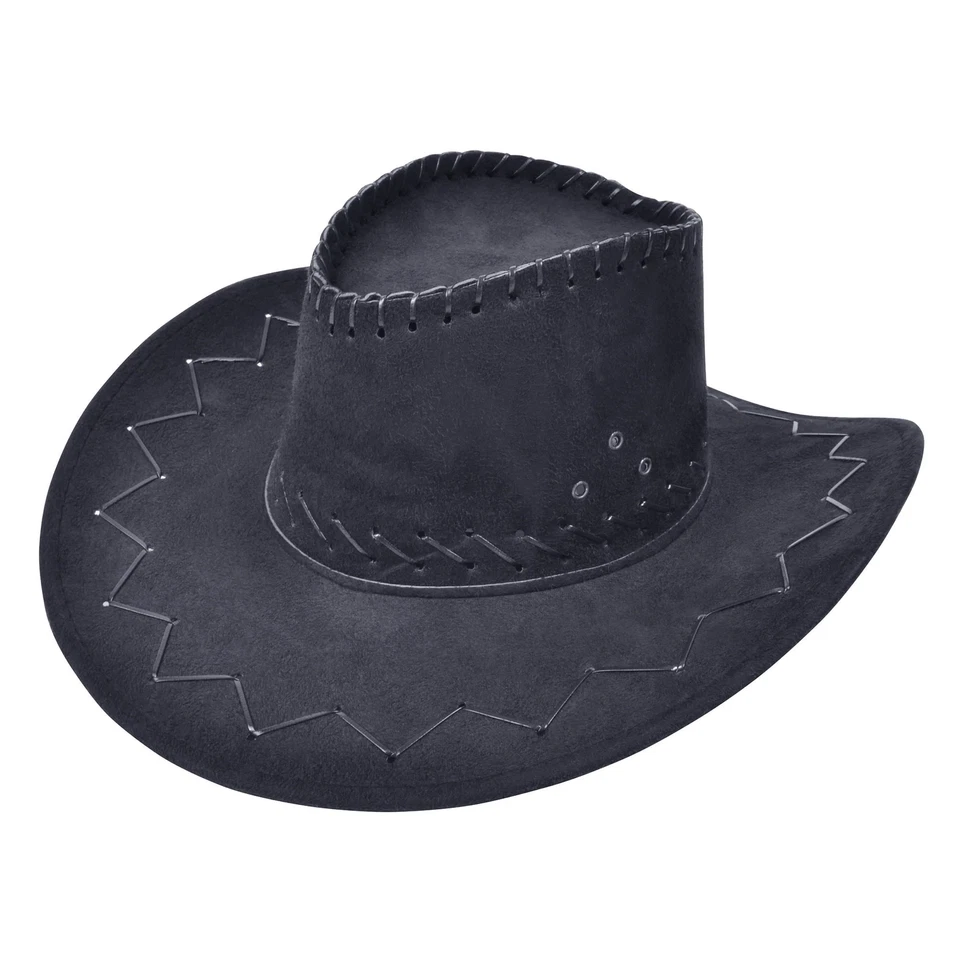 Cappello Da Cowboy Cucito Nero Adulti Wild West Costume Elegante Accessorio - Immagine 1 di 1