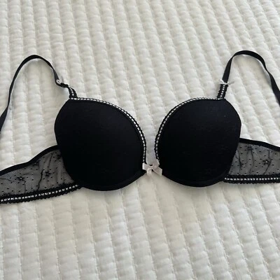Betsey Johnson  Lined Bra 34C Underwire Black Lace & Mesh With White Ribbon - Image 1 of 4