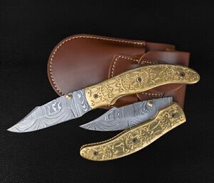 8.5" Hand Forged Damascus Folding Pocket Hunting Knife - Engraved Brass Handle
