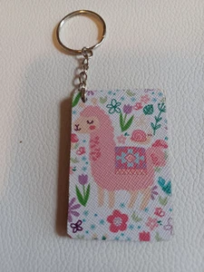 handmade faux leather keychain-pink llama and flowers - Imagen 1 de 2