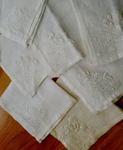 6 tovaglioli vintage organdia lino filo trafilato lavoro ricamato bianco su bianco anni 20 - Foto 1 di 9