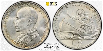 1940 Pope Pius XII Silver 5 Lire PCGS MS-64 Italy Vatican City Year II Toned - Image 1 of 4