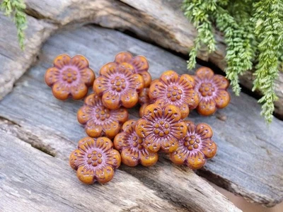 Cuentas de vidrio checo de flores silvestres naranja opacas lavadas rosa metálico de 14 mm 12 cuentas Foto 1 de 4