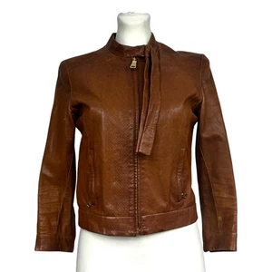 Prada Genuine Perforated Brown Lamb Skin Leather Short Zip Jacket Women Size 38 - Picture 1 of 9