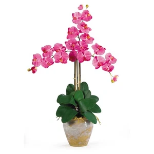DARK PINK SILK ORCHID FLOWER ARRANGEMENT w/ WHITEWASH POT - REALISTIC ARTIFICIAL - Picture 1 of 1