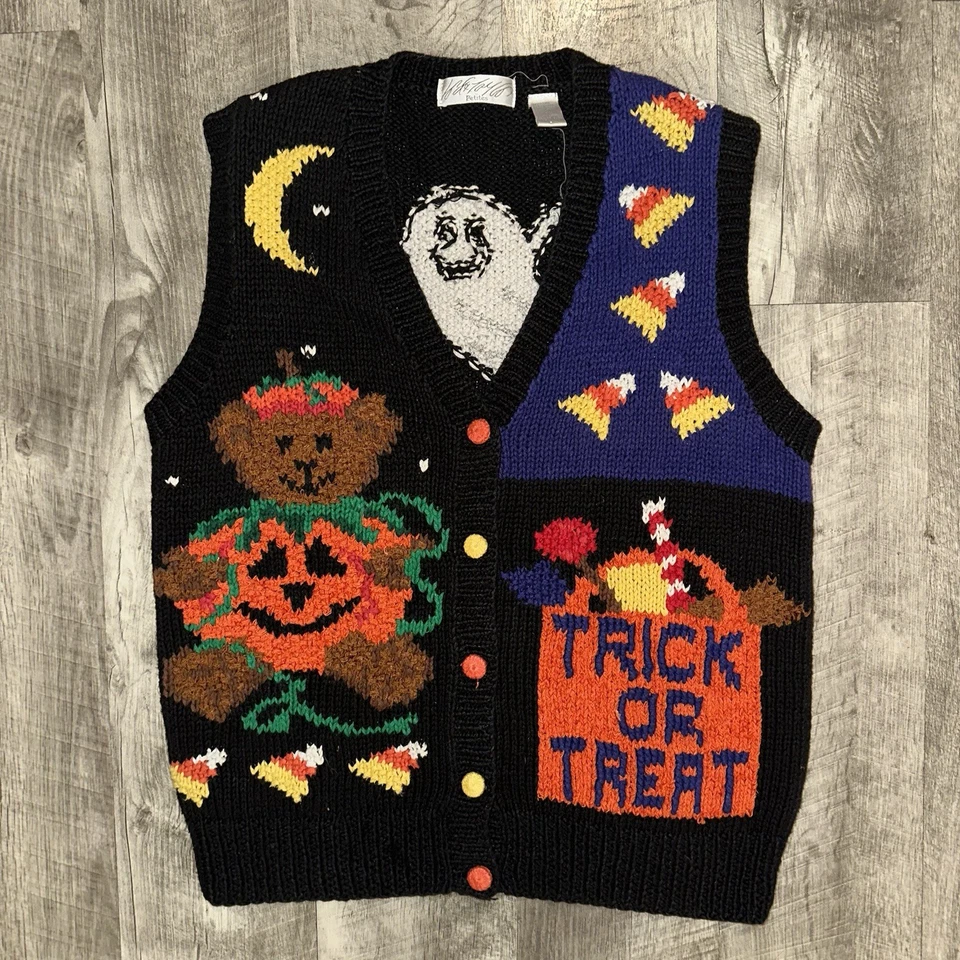 Vintage Halloween Sweater Vest Womens Petite Small Black Ghost Bear Pumpkin - Image 1 of 4