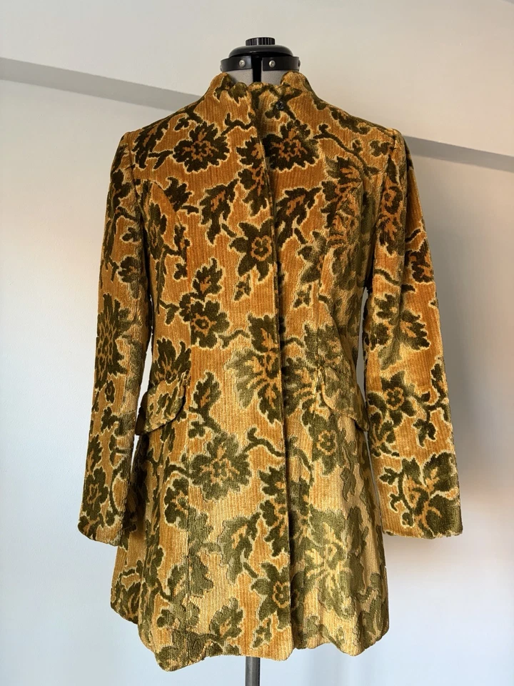 ABRIGO/CHAQUETA de terciopelo vintage en verde/amarillo/mostaza tamaño ¡PEQUEÑO HECHO A MANO! Foto 1 de 4
