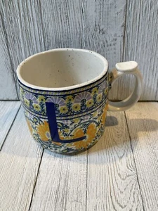 Anthropologie Mug Blockprinted Floral L Monogram Coffee Tea Cup - Picture 1 of 7