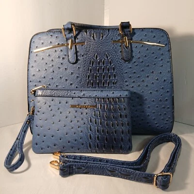 Dasein Blue Ostrich Embossed Top Handle Purse & Wristlet Womens Satchel Handbag - Image 1 of 4