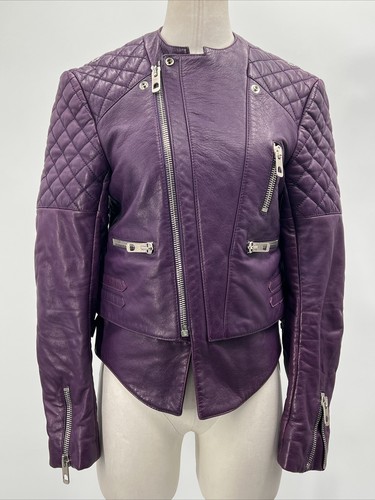 BALENCIAGA Giacca Moto Biker Donna Prugna Trapuntata Pelle Taglia US 8 FR 40