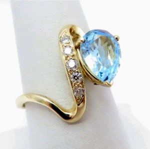 14k Gold Pear Shape Blue Topaz Ring w/ Diamonds Graceful Bypass Sz 8.25 Estate - Picture 1 of 14