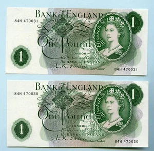 Coppia Banconote Banca d'Inghilterra Una Sterlina £1 1960 Firma L OBRIEN Prefisso 84H - Foto 1 di 2