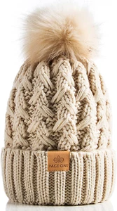 Warme Damen Grobstrickmütze mit Zopfmuster und Bommel - weiche Wintermütze - Bild 1 von 12