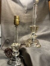 Art Deco Prism Cut Glass Clear Table Lamp Etched Stem Pair 13.5” Works Fine.
